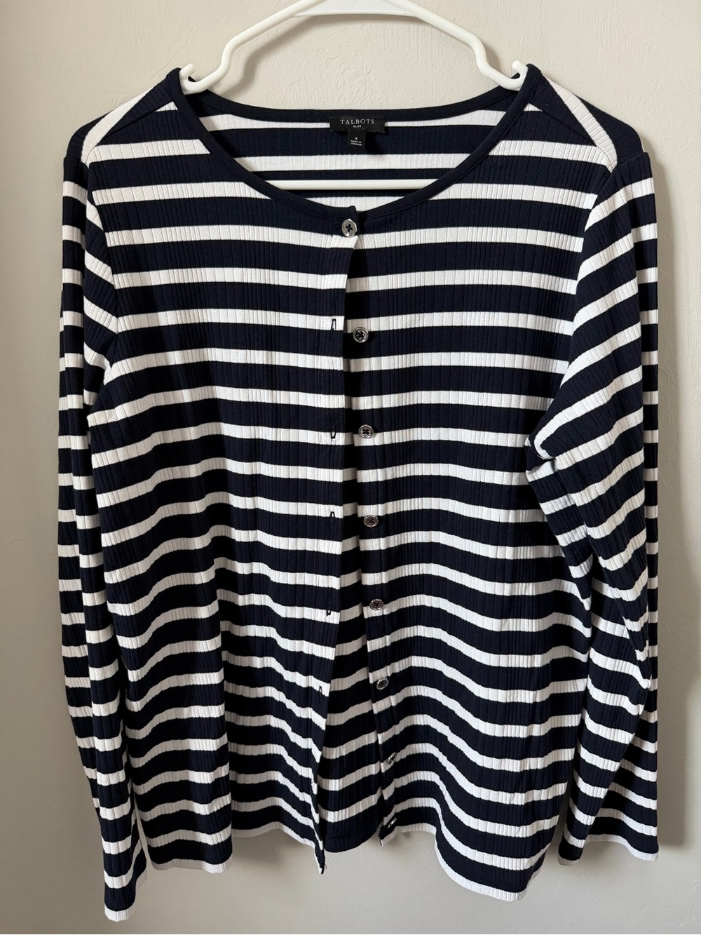 Talbots Navy and White Striped Ribbed Button Cardigan